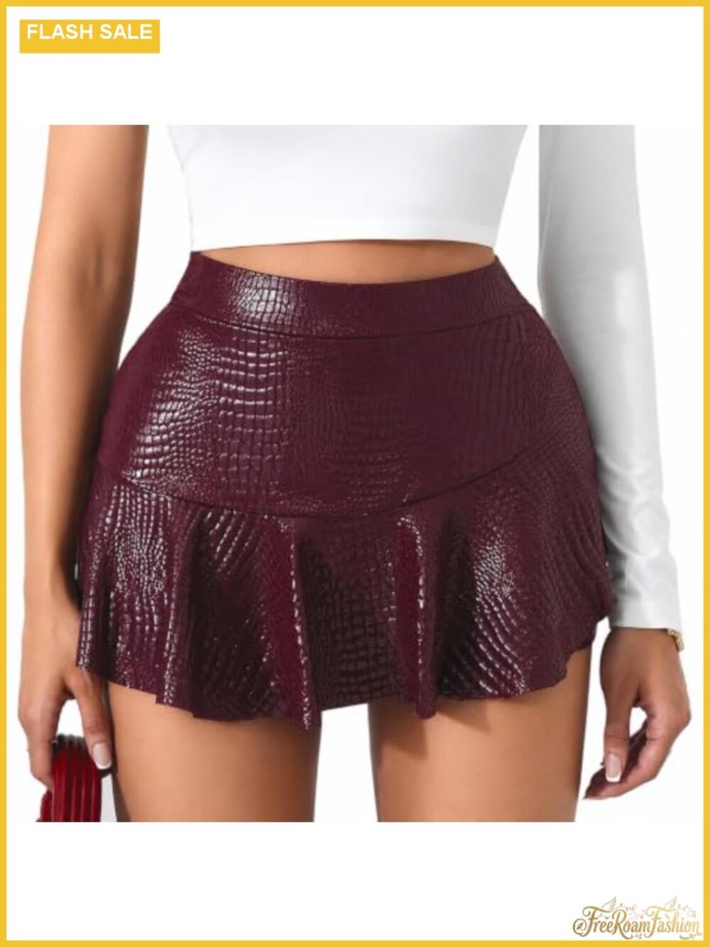 Metallic Croc Faux Leather High Waisted Ruffle Mini Skort Built-In Shorts